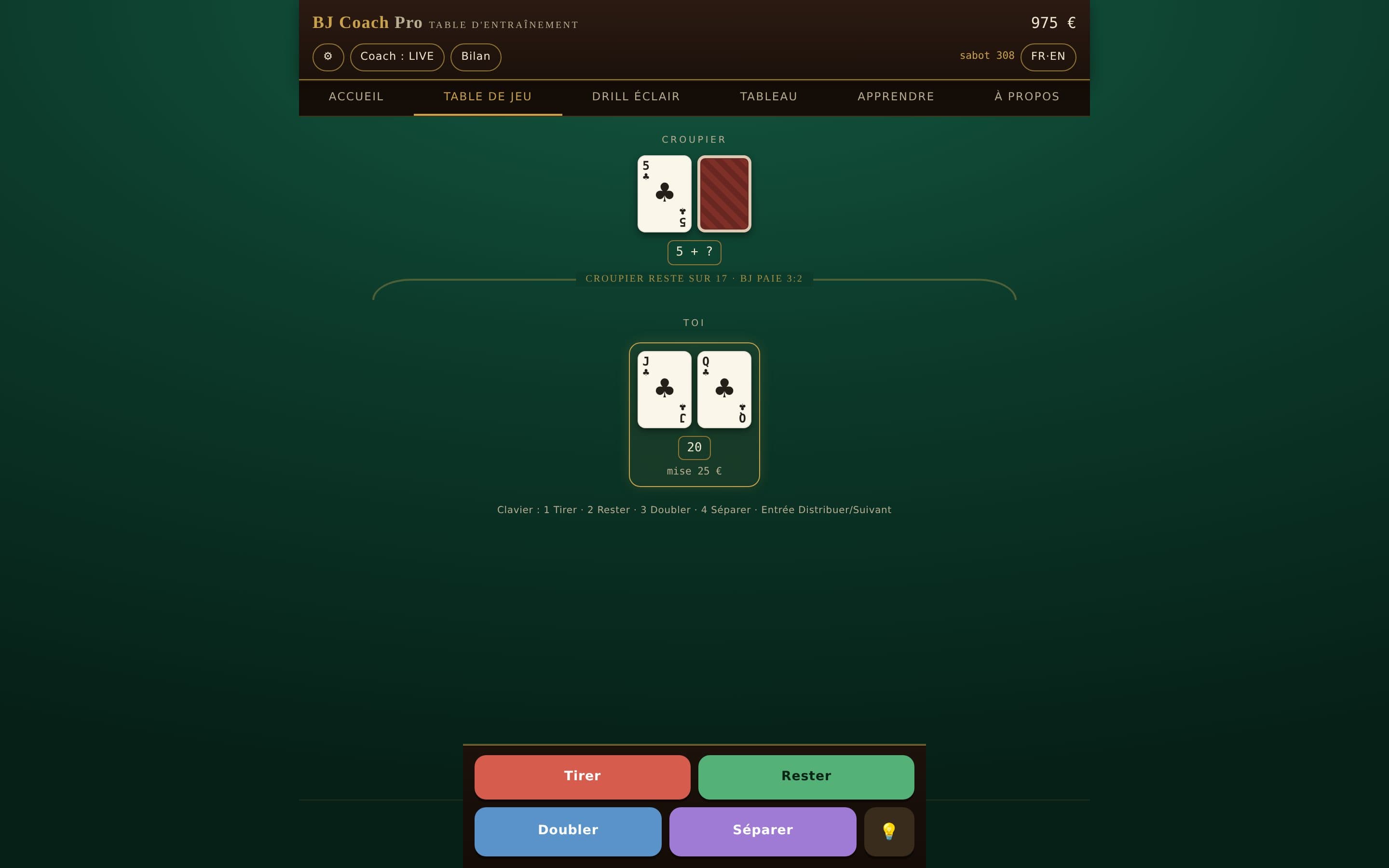 Table d’entraînement BJ Coach Pro : main de 20 contre un 5 du croupier, actions Tirer, Rester, Doubler, Séparer